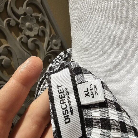 Discreet XL Gingham Tie-Front Peplum Top Puff Sleeves  Boho Y2K Baby Doll Flowy - Picture 3 of 5